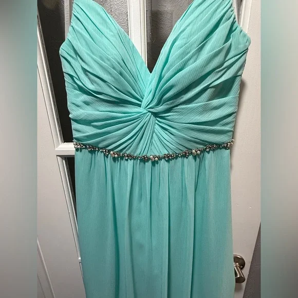 NWOT David’s Bridal Aqua with Rhinestone Belt Bridesmaid Dress - Picture 10 of 16
